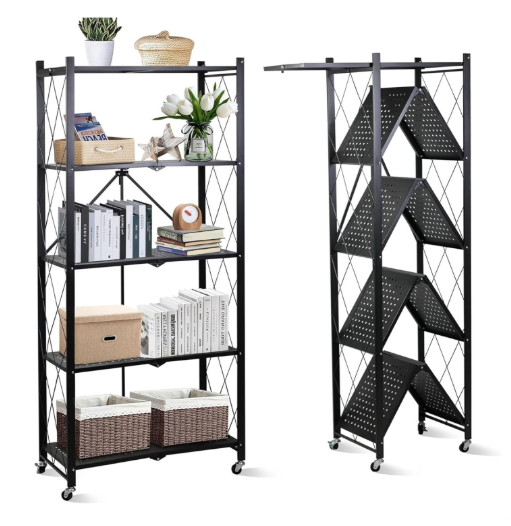 Foldable Metal Storage Shelves for kitchen and Foldable Storage Shelves (5 tier black)