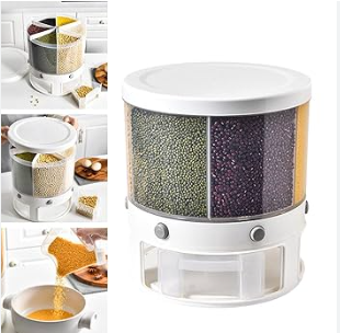 Rotating Grain Dispenser, 6 Compartments, Holder Kitchen Shared Dry Food Bowl, 360 Degree Rotating Storage Grain Cans, Soybeans, Dispenser Holder, Plastic, for Rice, Beans, White