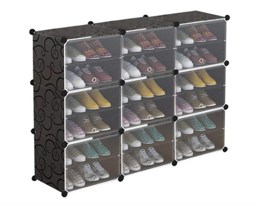 Plastic Shoe Rack with Doors for 24-Pair Shoes, Black, 6-Tier