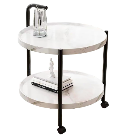 2 Tier Mobile Mini Bar, Kitchen Serving Cart Moving Sofa Side Table with Wheels Round Coffee Table Double Layer Storage Tray (Color : White,