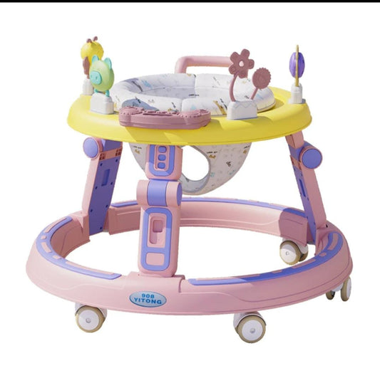 2 in 1 Baby Walker for Kids, Round Kids Walker with Push handle, 360 Rotatable Seat, Musical Bar & Footmat for Baby Boy Girl 6-24 Months 9(pink)